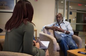 Editor-In-Chief, Sierra Allen interviewing David Robinson at Kent State University, Tuesday, Sept. 20. Photo by: Jermaine Jackson. 